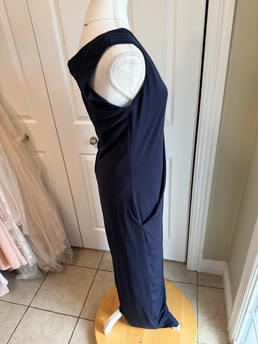 Karina Navy One-Shoulder Evening Gown with Crystal Strap - Picture 7 of 12